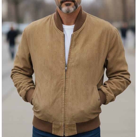 Vintage CROCODILE Leather Suede Bomber Jacket Full zip Italy Made Tan/Camel - Picture 1 of 12